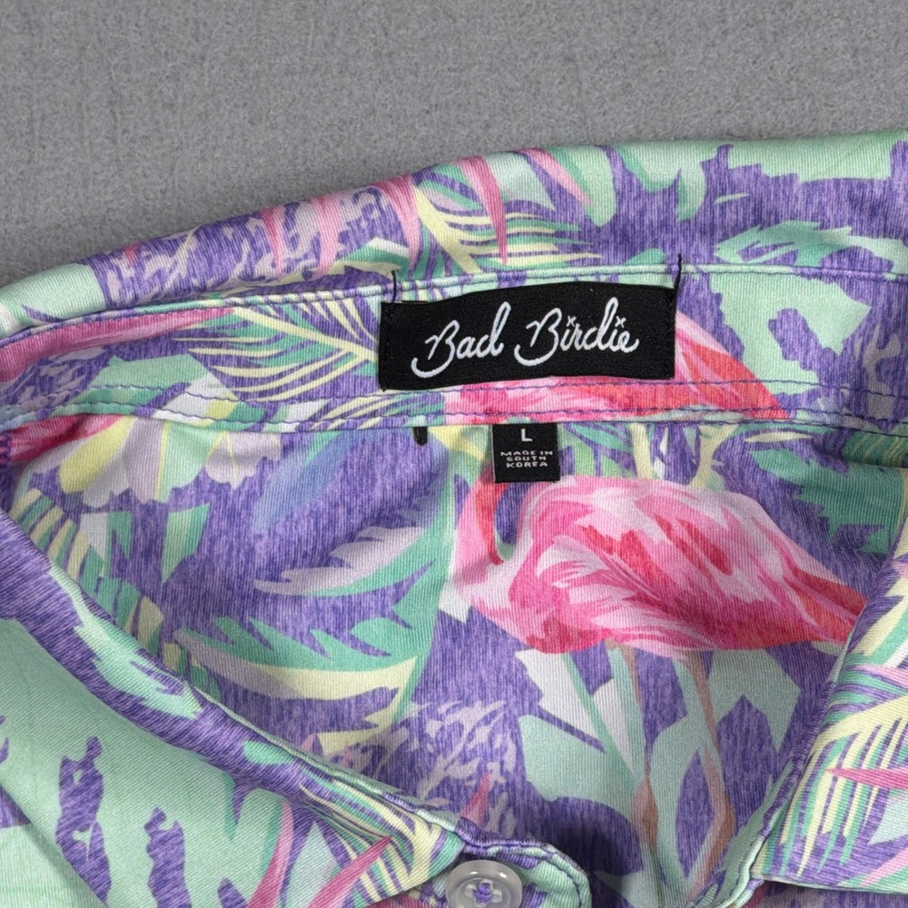 Bad Birdie Polo Shirt Men Large Flamingo Tropical Print Stretch Golf MINGOS - Picture 3 of 9